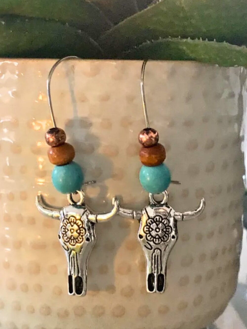 Texas Longhorn Skull  Bohemian Earrings Southwestern Turquoise & Wood Beads